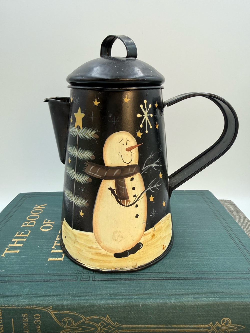 Hand Painted Crazy Mountain Snowman Metal Pitcher